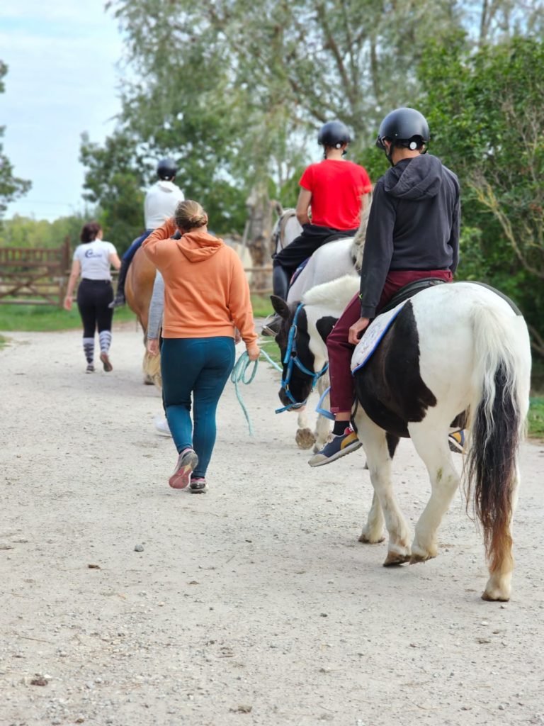 Les résidents à cheval et les accompagnatrice, à terre partent en promenade