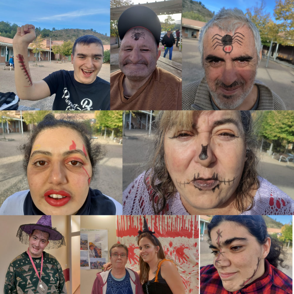 Collage de 8 photos et 9 personnes maquillées pour Halloween