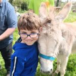 Un petit garçon fait un câlin à un âne