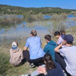 Le groupe, assis sur une pelouse sur le bord d'un point d'eau observe calmement les oiseaux