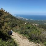 Les marcheurs de dos sur un sentier avec vue sur la mer Méditerranée