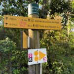 Les panneaux signalétiques pour chemin de randonnée et VTT indiquant "le dolmen de la Cova de l'Alarb" à 750 mètres et "La tour de la Massane" à 6 kilomètres