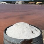 Au premier plan une barrique de sel et en arrière plan les salins roses et les bâtiments