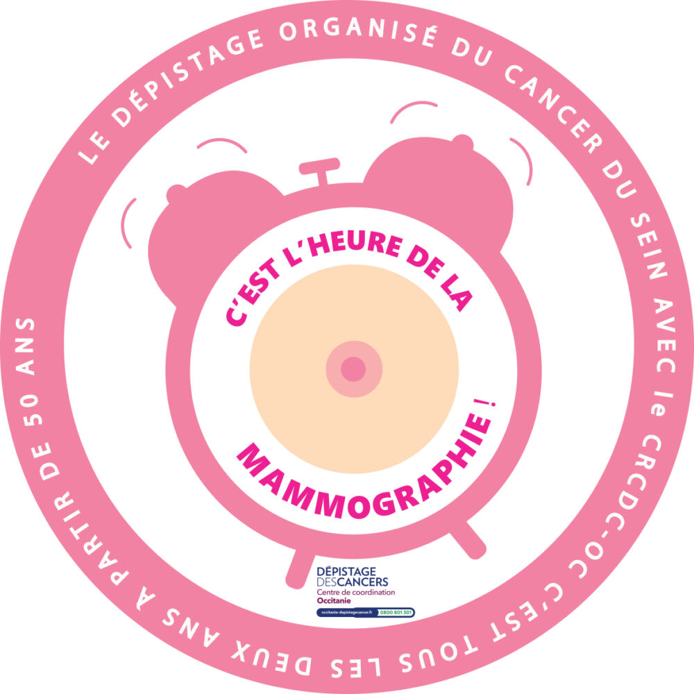 Affiche du CRCDC dans le cadre du dépistage : C'est l'heure de la mammographie (avec un réveil qui sonne)