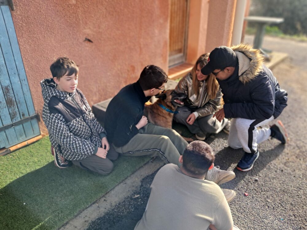 Le groupe entoure un jeune chien